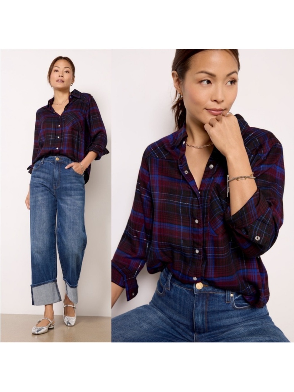 EVEREVE Zuri Plaid Pearl Snap Button Down Shirt Western Boho Fall Size Small